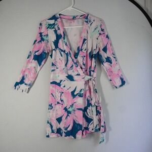 Lilly Pulitzer Karlie Wrap Romper Coral Pink Teal Floral Print Midi Size S Beach